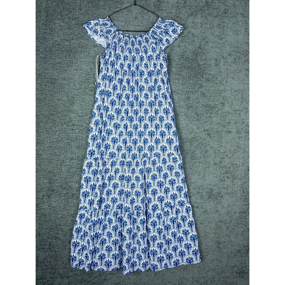 Tommy Bahama Smocked Off Shoulder Maxi Dress Womens XS Blue White Floral Viscose